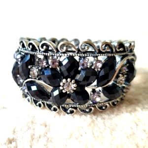 Vintage Silver Color Black Onyx and Crystal Cuff Bracelet